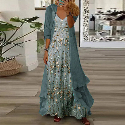 LUCIA - MAXIVESTIDO CON ESTAMPADO FLORAL Y CHAQUETA FINA CONJUNTO DE DOS PIEZAS